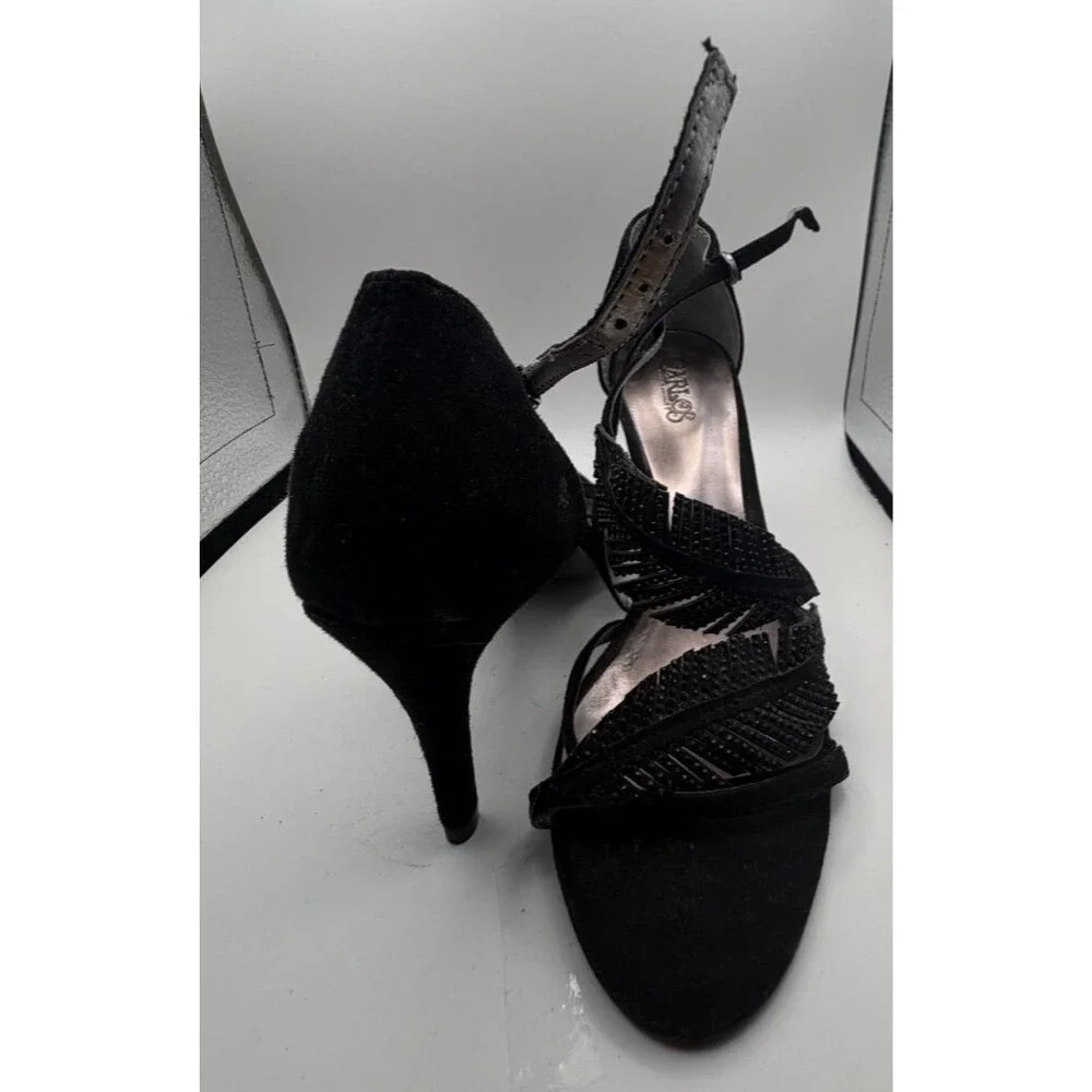 🖤👠 Carlos Santana Women's Black Leather Heels with Feather Accents | Size 6 ✨
